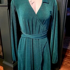 Wild Fable Emerald Shimmer Long Sleeve Wrap Dress XS Stretch W Tie